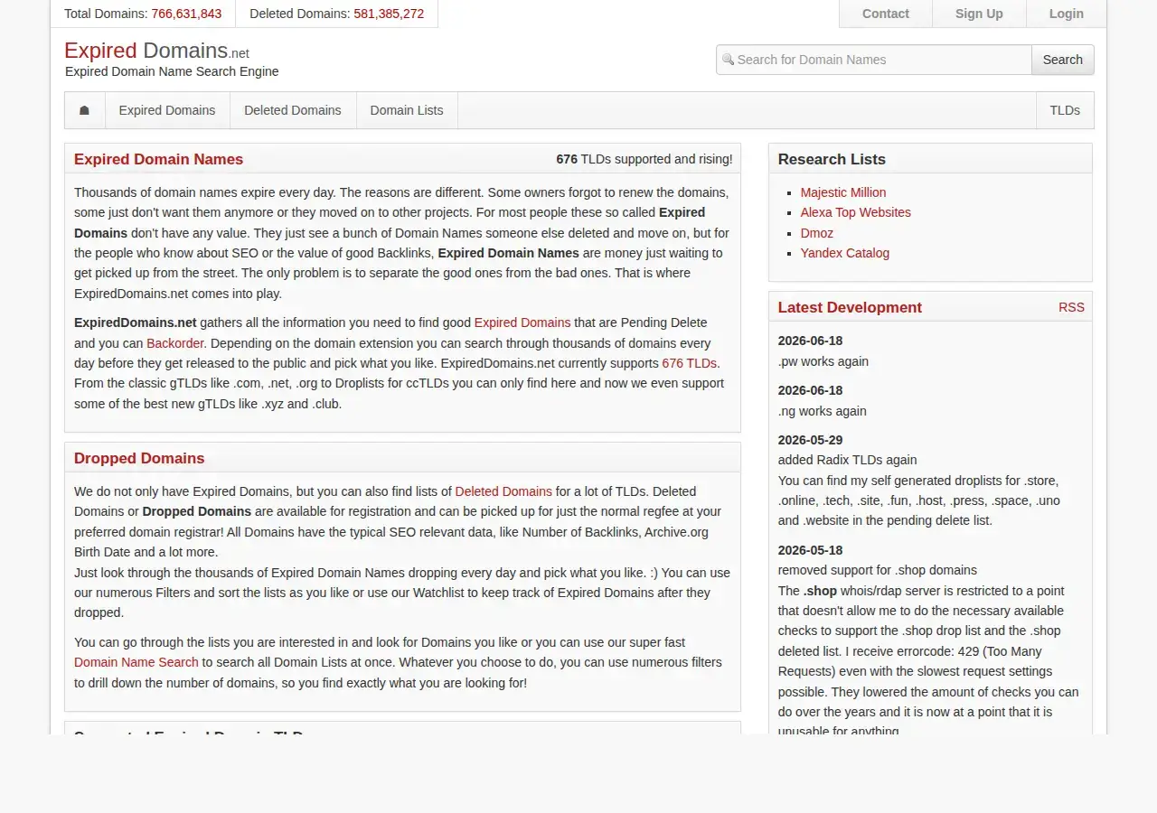 ExpiredDomains.net homepage showing counters of 766 million domains tracked and 581 million deleted domains, the section navigation and the research lists sidebar